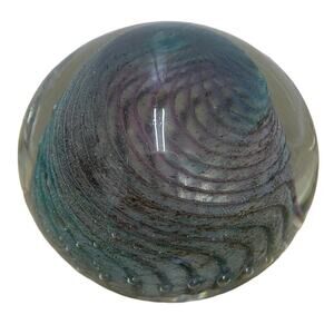 Hand Blown Art Glass Paperweight Blue/Purple Swirl Signed "S" Good Condition